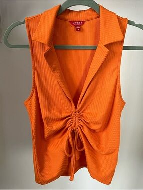 Y2K Western GUESS Orange Sleeveless Ruched V-Neck Collared Top Coastal Cowgirl
